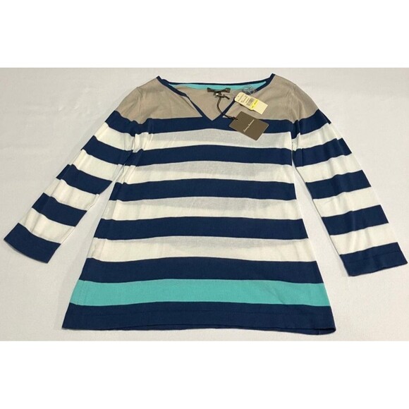 Tommy Bahama Light Sweater Womens M Blue White Stripe 3/4 Sleeve V Neck Nautical - Picture 1 of 7